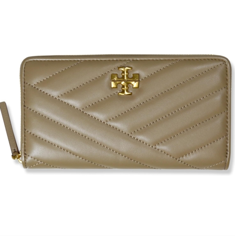 Tory Kira Chevron Leather Zip Continental wallet BNWTS /Sandpiper/Rolled Gold
